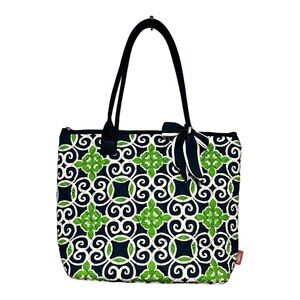 N. Gil Diamond Quilted Geometric Canvas Shoulder Tote Bag Navy Green Medium
